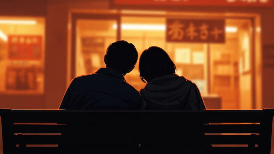 ベンチで肩を寄せ合うカップル