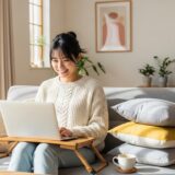 リビングでパソコンをしている女性