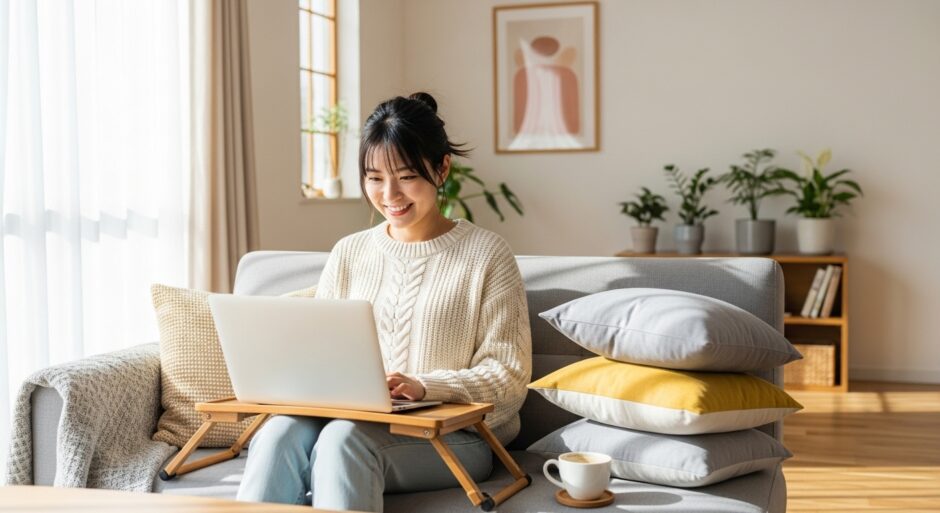 リビングでパソコンをしている女性