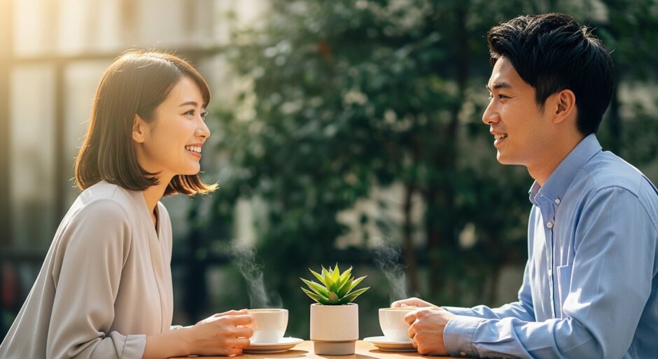 カフェでカップルが向き合う様子　デート中