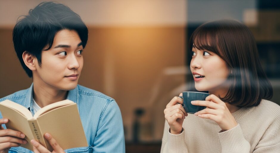 フェの窓際で、二人の視線が偶然交差する瞬間。男性は本を読んでいて、女性はコーヒーカップを持っている。お互いに少し驚いたような、でも嬉しそうな表情