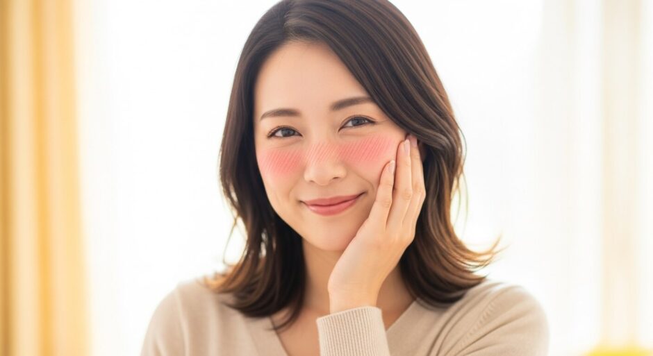 頬に手を当てて少し顔を赤らめている女性