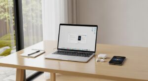 デスクの上に置かれたノートパソコンとスマートフォン。イヤホンとメモ帳も一緒に。在宅ワークの必需品が整理されている