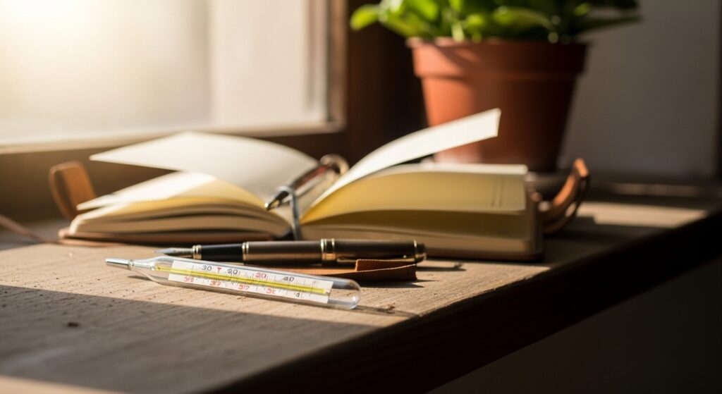 窓辺に置かれた婦人体温計とノート、ペンが写った静物写真