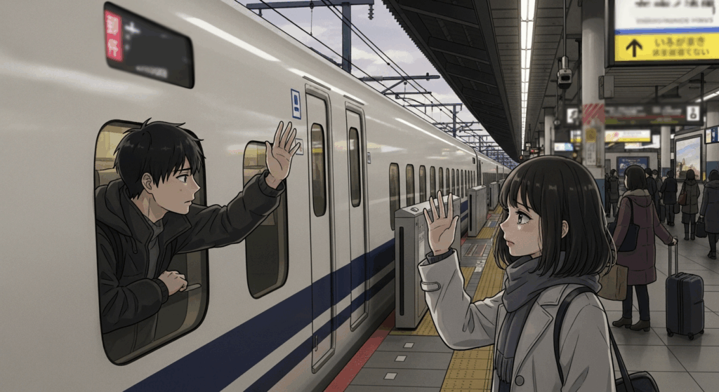 駅のホームで手を振る若いカップル