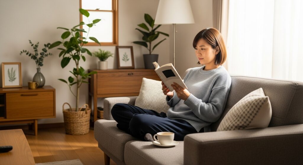 リビングのソファで、リラックスした表情で本を読んでいる