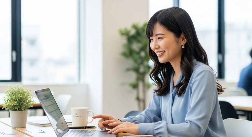 ノートパソコンを見ながら微笑む若い女性