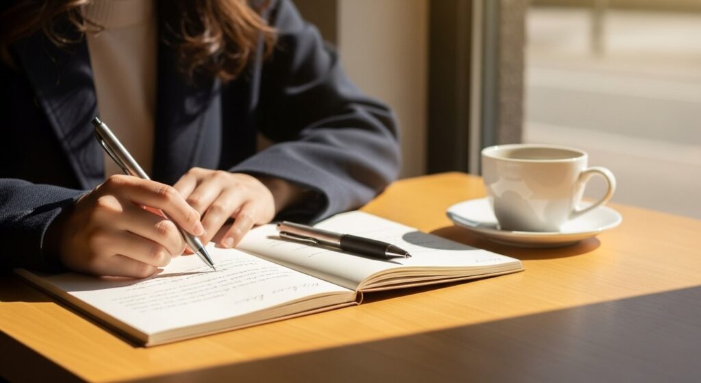 ノートに文字を記載している女性