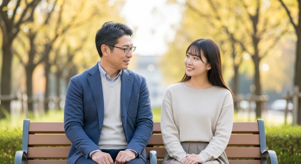 歳の差カップルがベンチに座っている
