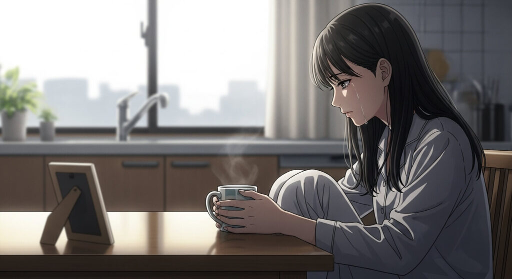 目が覚めて泣いている女性