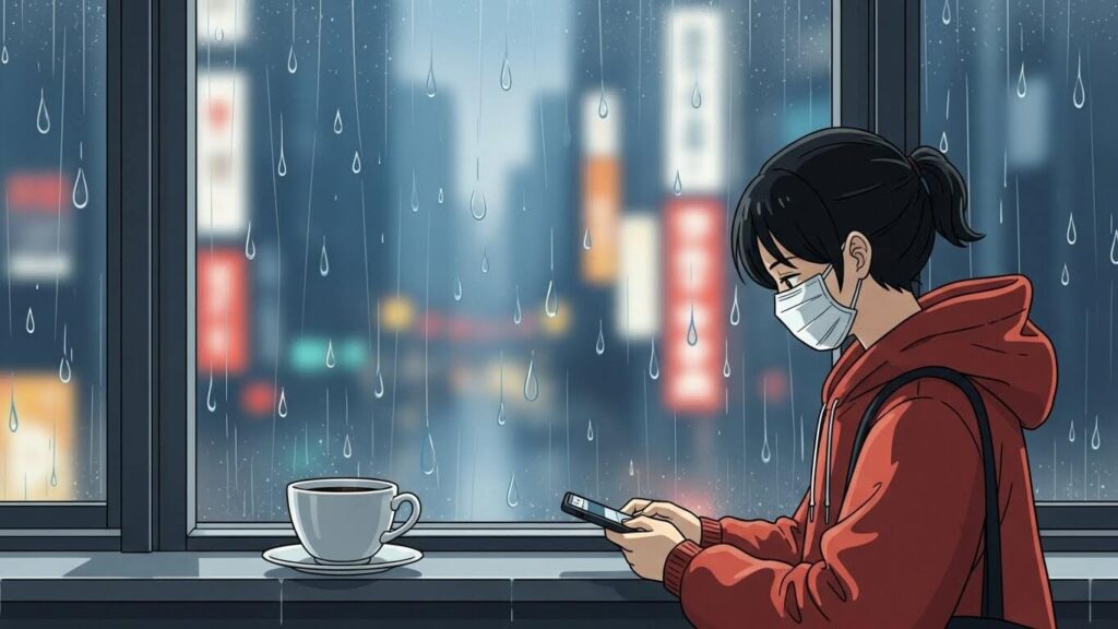 雨の日にカフェでスマホを触る女性
