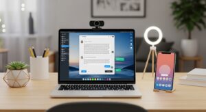ノートパソコンとスマートフォンが並んだデスク。Webカメラとリングライトも写っている。モダンでおしゃれなワークスペース。人物は映さず機材のみ。