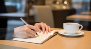 
カフェのテーブルで日記を書いている日本人女性の手元。コーヒーカップとノート