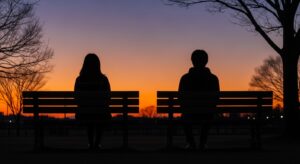 夕暮れの公園のベンチに座る若い男女（日本人）のシルエット。2人の間には少し距離があり、どちらも正面を向いている。オレンジ色の夕日が2人を照らす、切ないけれど美しい風景