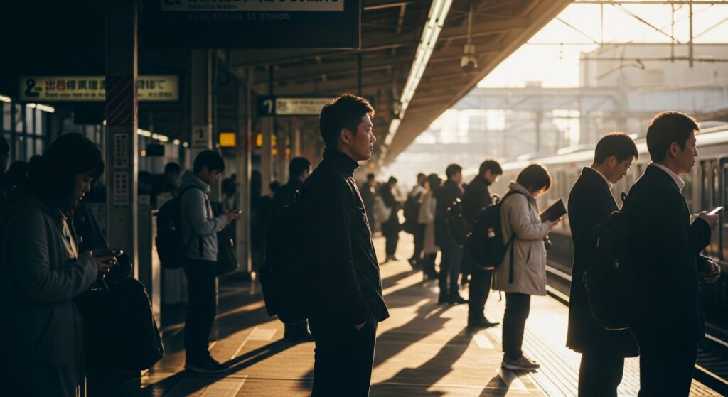 駅のホームで電車を待つ人々。朝の通勤時間帯。人々の中に、一人だけ目立つ存在感のある男性のシルエット