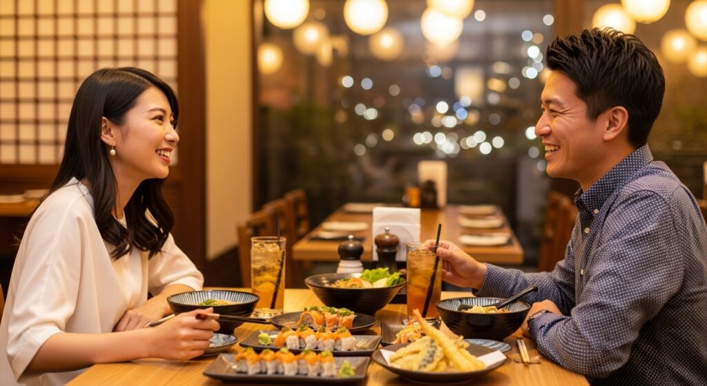 20代カップルが楽しそうにレストランで食事をしている様子。笑顔で会話している自然な雰囲気。日本人の男女。