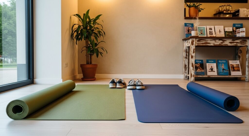 カフェやスタジオのロビーで、ヨガマットとピラティスマットが並んで置かれている