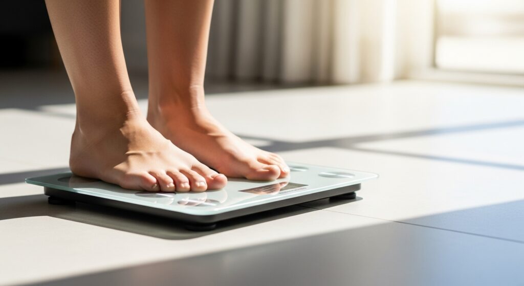 体重計に乗る女性の足元のクローズアップ