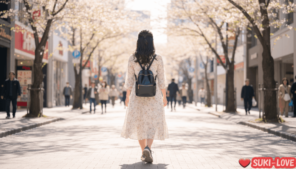 街をあるく女性の後ろ姿