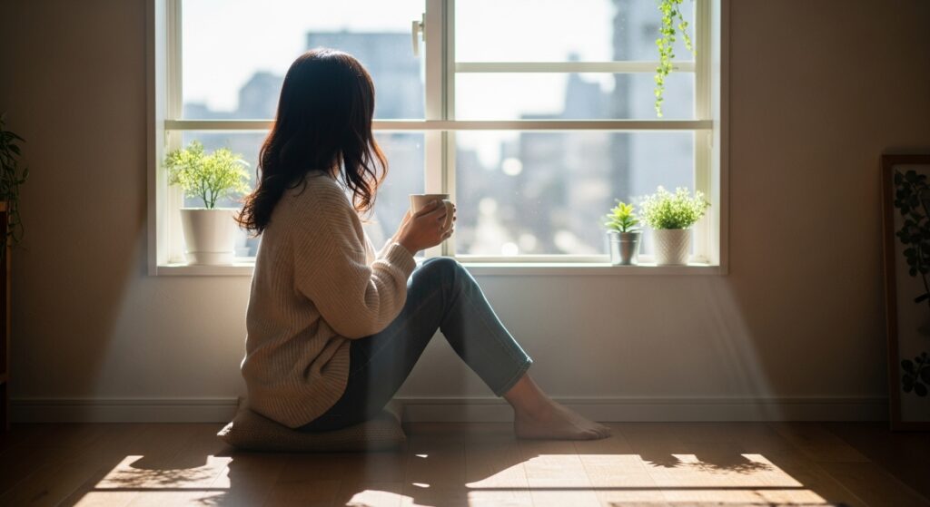 朝、窓辺でコーヒーを持ちながら外を眺める30代前半の日本人女性の後ろ姿。柔らかい朝日が差し込み、穏やかで前向きな雰囲気。希望や新しい一日の始まりを表現