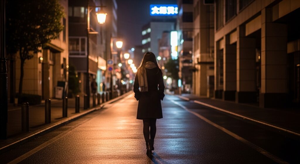 夜道を一人で歩く女性の後ろ姿