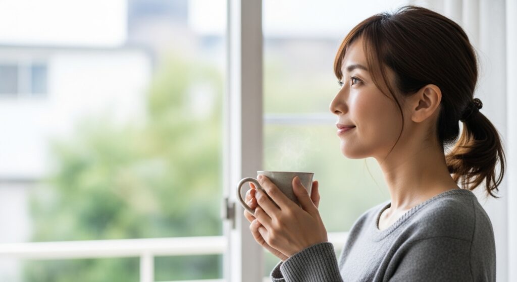 窓際で、温かい飲み物を持ちながら外を眺めている