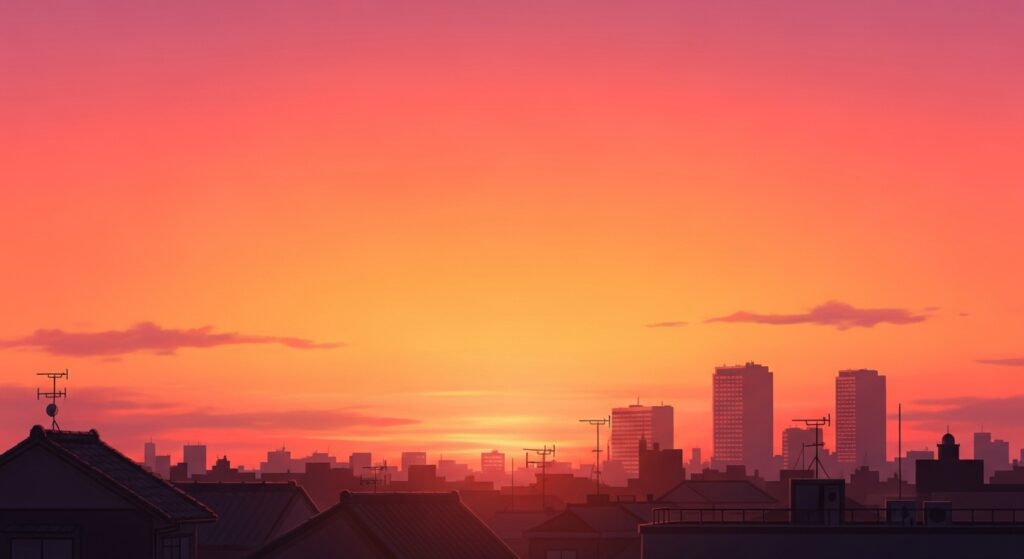 夕焼けの空。オレンジとピンクのグラデーションが美しい空