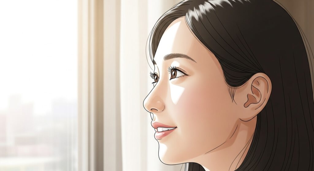 窓際で外を眺める女性