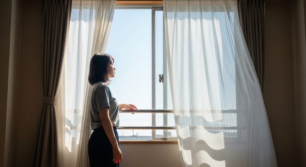 カーテンが風に揺れている。新しい一日の始まりを感じさせる爽やかな雰囲気。