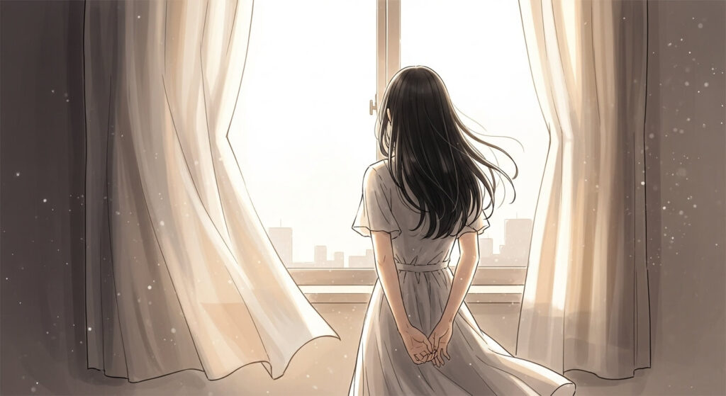 朝日が差し込む部屋で、窓辺に立つ日本人女性の後ろ姿