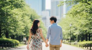 手を繋いで歩く日本人カップルの後ろ姿。公園や街中の明るい風景。マッチングアプリでの出会いが幸せにつながった