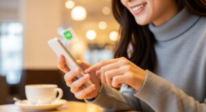 スマートフォンでLINEのメッセージを打っている女性の手元。笑顔で楽しそうにメッセージを送っている表情にフォーカス。デ