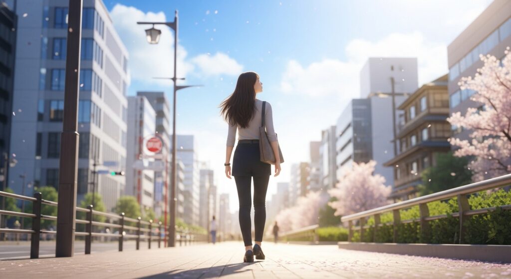 
歩道を歩く日本人女性の後ろ姿。前を向いて歩いている。新しい未来へ向かう希望