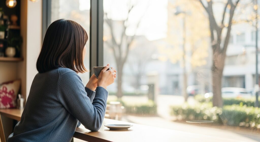 一人でカフェの窓を見つめる女性の後ろ姿。温かいコーヒーカップを両手で包んでいる。窓の外は明るい