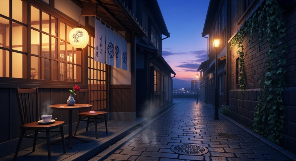 
夕暮れ時の街並みやカフェの外観。ロマンチックな雰囲気