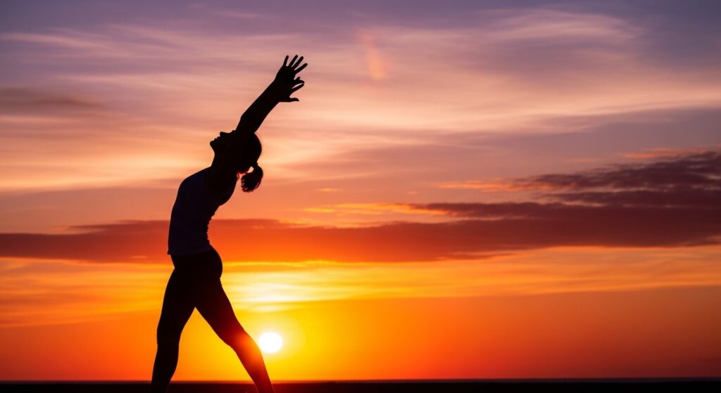 夕暮れの空と伸びをする女性のシルエット。達成感と前向きな気持ちを表現。美しい空のグラデーション