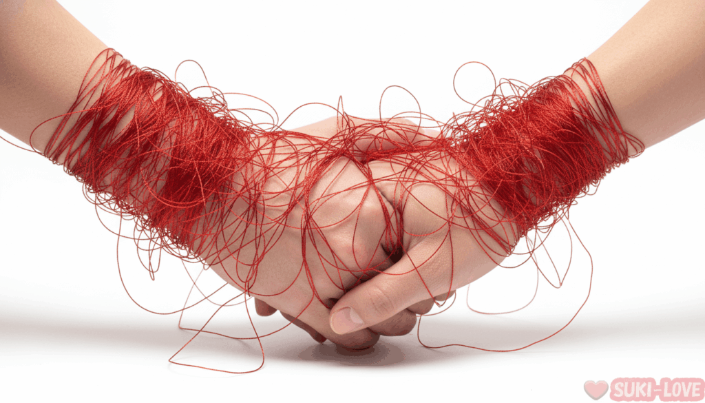 手を繋いだカップルの手が赤い糸で雑に絡んでいる状態
