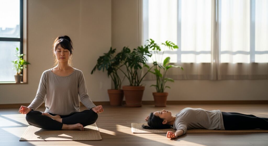 静かなヨガスタジオで、瞑想やリラックスしているポーズ