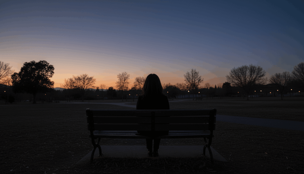 夕暮れ時のベンチに座る女性