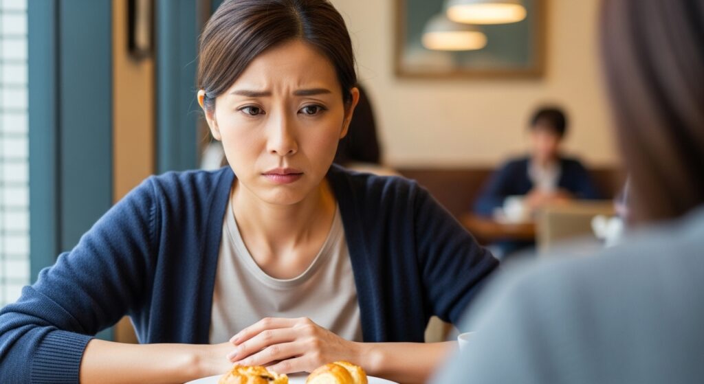 ダイエットで悩んでいる表情の日本人女性。カフェやリビングなど、日常的な空間