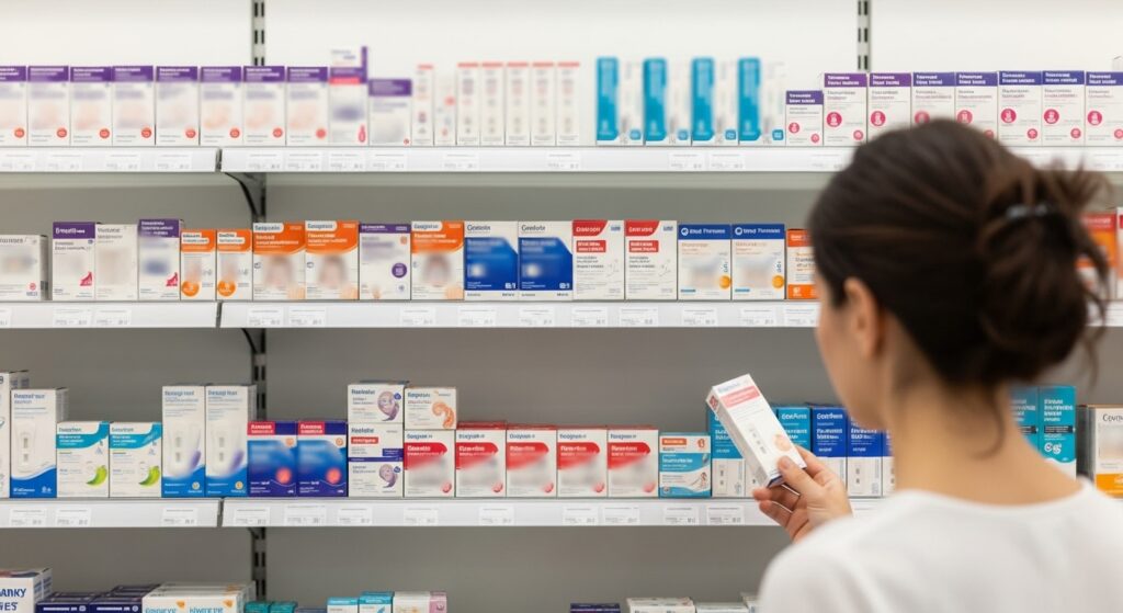 薬局の棚に並ぶ妊娠検査薬の商品パッケージ