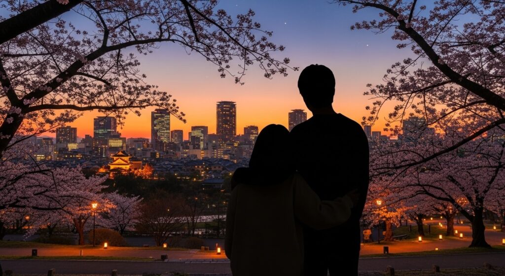 夕暮れ時の公園にいるカップル