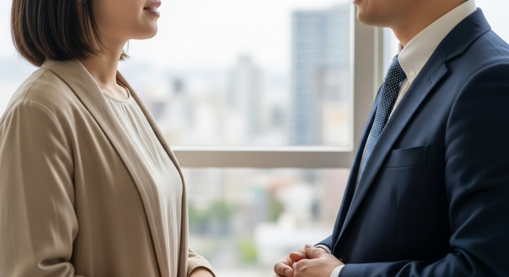 男女が向かい合って話している