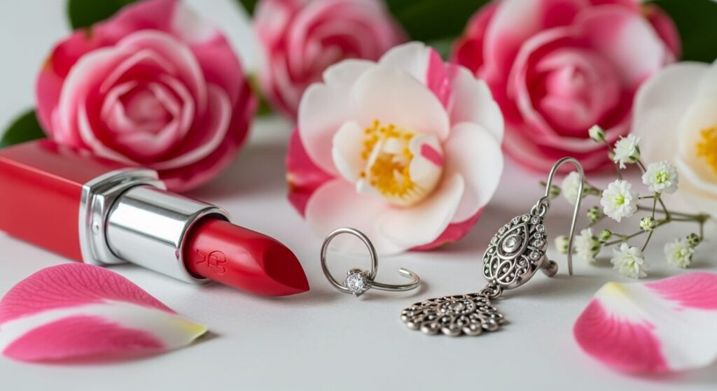 女性らしい小物（ピアスやリップ、花など）