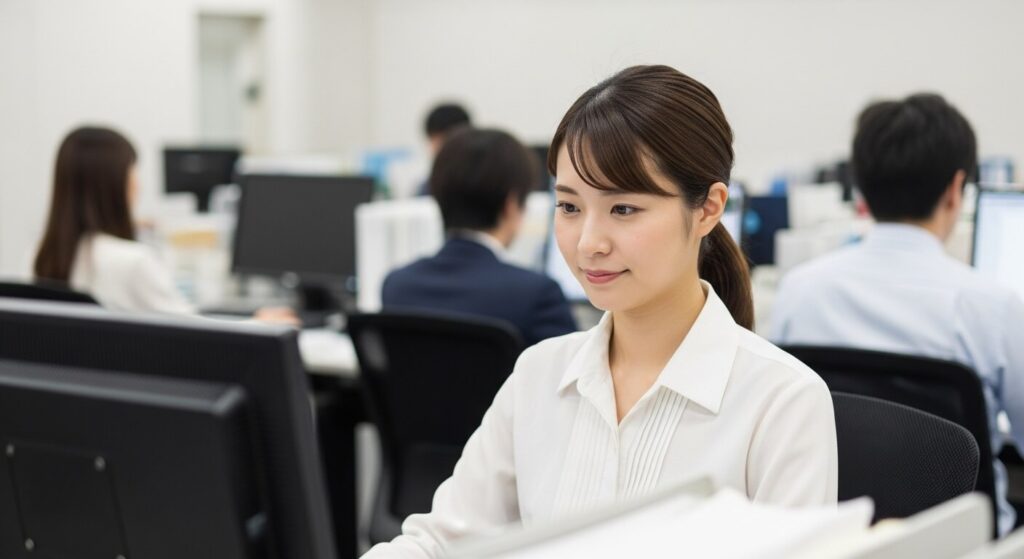 女性がオフィスで働いている