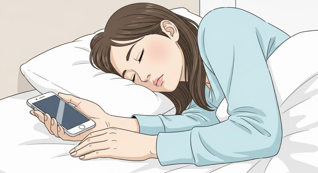 スマホを持ったまま寝ている女性