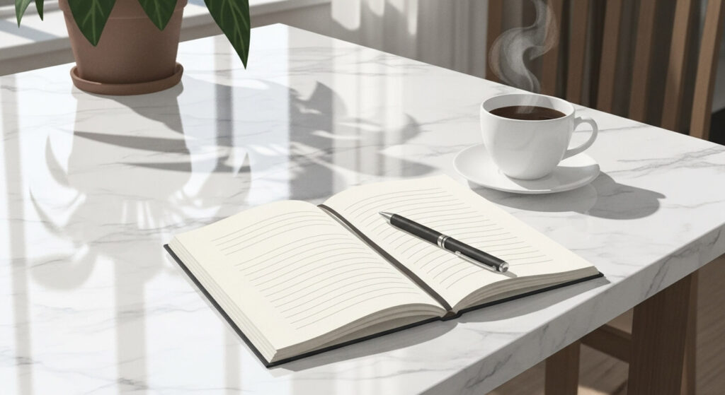 デスクにペンとノートとコーヒー