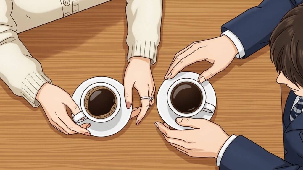 コーヒーを飲むカップルの手元