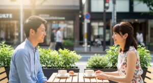 カフェで2人の日本人（男女）が楽しそうに会話している様子。初デートのイメージ。明るい昼間の時間帯で、周りに人がいる安全な環境