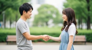 初対面で握手をする若いカップル。お互いに少し緊張しているが笑顔。カジュアルな服装で、背景はぼかして人物にフォーカス。第一印象の大切さを表現。